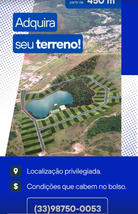 Divulgação do loteamento com vista aérea e distribuição dos terrenos ao redor do lago